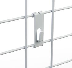 a close up of a metal fence with a white door handle on the bottom part