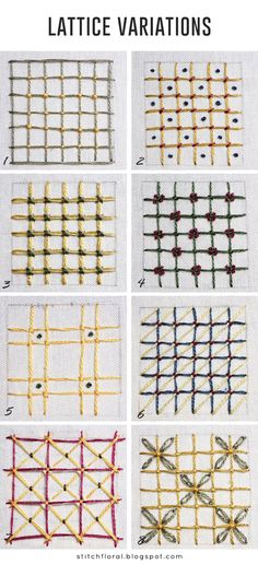 four different variations of lattice variations in the same stitch pattern, each with different colors and sizes