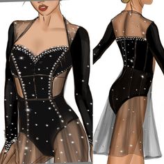 a drawing of a woman wearing a black and white dress with sequins on it