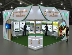 an exhibition stand with people standing around it