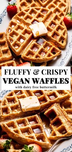 fluffy and crispy vegan waffles with dairy free buttermilk