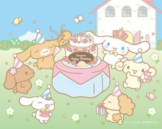 a group of stuffed animals standing around a cake on top of a table with a house in the background