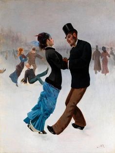 a painting of two people dancing in the snow, one is wearing a top hat