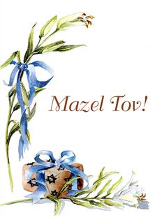 a greeting card with an image of a blue bow and flowers in the corner that says, mazel top