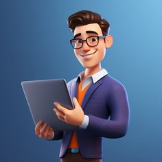 a cartoon man holding a laptop computer on his left hand and smiling at the camera