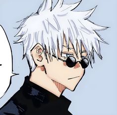 an anime character with white hair and black eyes talking to another character in the background