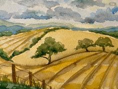 a painting of a field with trees and hills in the background, watercolor on paper