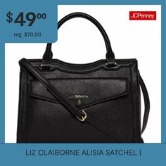 Liz Claiborne's Alisia bag will become a modern classic within your handbag rotation. Crafted from pebbled faux leather with a zip closure, this satchel has interior and front flap pockets to stow your small goods. Carry it by the top handle, or adjust the shoulder strap to your desired length.Closure Type: ZipperPockets: 1 Front Flap Pocket, 1 Inside Slip Pocket, 1 Inside Zip PocketMetal Color: Gold ToneMeasurements: 12 Width/Inches, 5 Depth/Inches, 8.5 Height/InchesHandle Drop Length: 4.5 Inc… Liz Claiborne, Modern Classic, Flap Pocket, Handbag Accessories, Top Handle, Satchel, Women Handbags, Shoulder Strap, Faux Leather