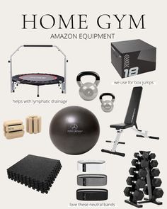 an assortment of home gym equipment and accessories