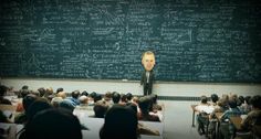 there is a man standing in front of a blackboard with writing that says interesting things