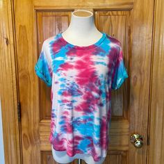 Tye Dye Tee Size Medium With Pink And Blue Dye. Tee Is New Unworn Only Newly Dyed By Jrsdesignsltd. Handmade In Maine With Multicolor Soft-washed Relaxed Fit Tops, Tie Dye Soft-washed Crew Neck Top, Tie-dye Soft-washed Crew Neck Top, Casual Tie Dye Top With Relaxed Fit, Hand Dyed Casual Summer Shirt, Casual Hand Dyed Summer Shirt, Casual Hand Dyed Shirt For Summer, Casual Summer Hand Dyed Shirt, Casual Hand Dyed Blue Top