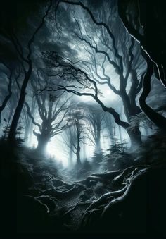 a dark forest filled with lots of trees