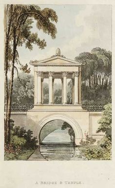 an old drawing of a bridge over a body of water with trees in the background