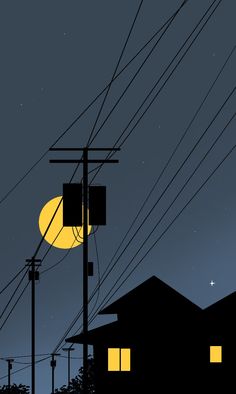 the night sky is full of yellow lights and some power lines are in the foreground