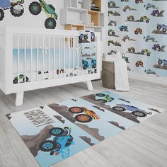 a child's room with wallpaper and rugs in the shape of trucks