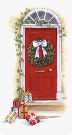 a painting of a red door with presents in front of it