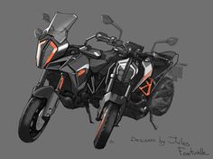 a drawing of a motorcycle on a gray background with an orange stripe around the seat