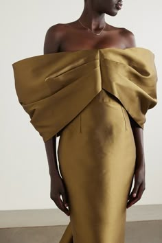 SOLACE LONDON Delphina off-the-shoulder draped metallic satin-twill gown | NET-A-PORTER Gold Satin Outfit, Black Tie Optional Wedding Guest Dress, Black Tie Optional Wedding, Gold Satin Dress, Dress With Gloves, Winter Wedding Guest Dress, Solace London, Dress Code Wedding, Gold Wedding Dress