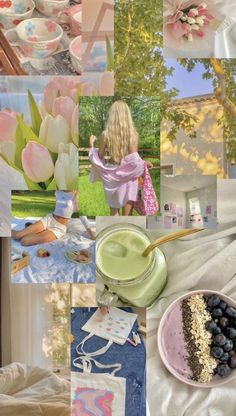 a collage of photos with flowers and food