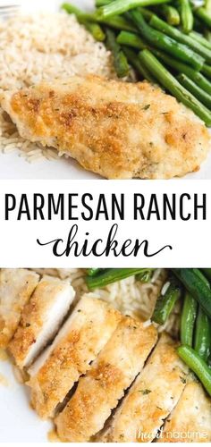 parmesan ranch chicken with green beans and rice on a white plate in the foreground