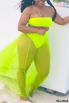 Olivia Mark - Fluorescent Green Solid Patchwork Two-Piece Set with Strapless and Backless Design for Plus Size Women Green Mesh Bottoms For Summer, Summer Green Mesh Bottoms, Neon Bottoms For Summer Party, Sheer Bottoms For Club In Summer, Sheer Summer Club Bottoms, Green Swimwear For Club, Spring Season, White Plus Size Dresses, Bandeau Crop Top, Sleeveless Suit