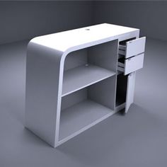 an empty white shelf with drawers on it