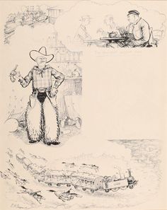 a drawing of a man with a cowboy hat standing in front of another man sitting at a table