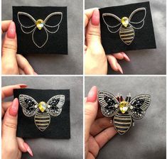 four pictures of different types of brooches