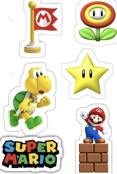 some stickers that are on the side of a white wall with mario and other characters