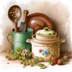 a painting of pots, pans and utensils with strawberries on the table