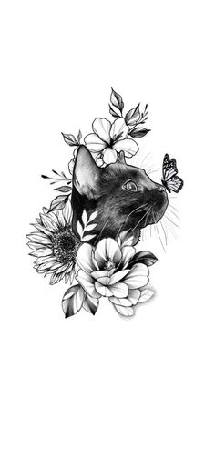 a drawing of a rat with flowers and butterflies on it's back side, in black and white