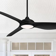 a black ceiling fan in a white room