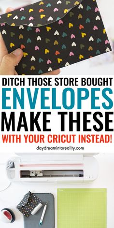 a person holding an envelope with the words, ditch those store bought envelopes make these with your cricut instead