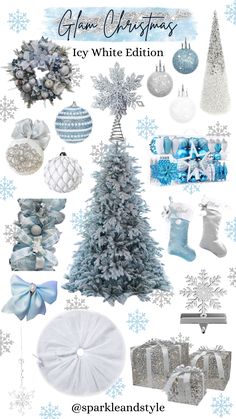 a christmas tree surrounded by blue and white ornaments, gifts, and snowflakes