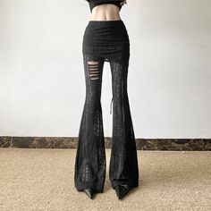 Gothic Grunge Distressed Flare Pants - Vedlit Club Attire, Alternative Aesthetic, Outfit References, Club Outfits For Women, Night Club Outfits, Gothic Grunge, Goth Aesthetic, Outfit Making, Goth Outfits