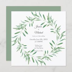 a wedding card with an olive green wreath on the front and white background, which is printed