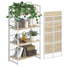 a book shelf with plants and books on it