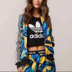 % Authentic Brand Nwotadidas///Rio Farm Leaf Jacket/Size: Smallnwt Adidas Rio Farm Leaf Shorts/Size: Xsmall, Never Worn , Smoke Free And Pet Free Home. Adidas Farm, Adidas Cropped Hoodie, Adidas Floral, Adidas Windbreaker, Adidas Crop, Adidas Track Jacket, Adidas Jackets, Floral Jacket, Striped Jacket