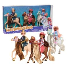 three barbie dolls are riding horses and one is holding a horse with long blonde hair