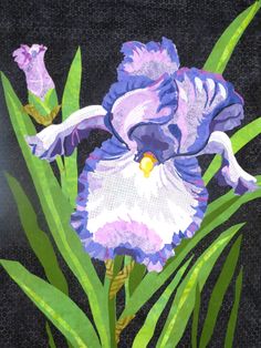 a painting of purple and white flowers with green leaves