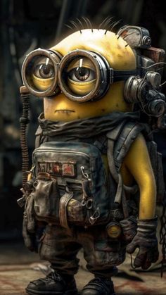 a yellow and black minion with goggles on