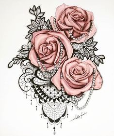 a drawing of three pink roses on a white paper with black lace and pearls around the edges