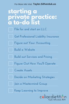 a blue poster with the words starting a private practice to do list