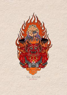 a drawing of a demon with flames on it's face and the words, go seek