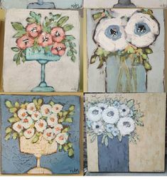 four paintings of vases with flowers in them