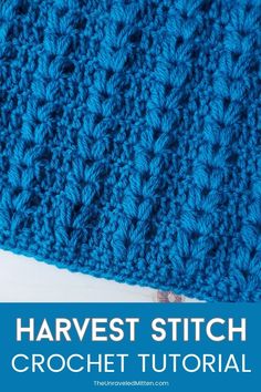 a blue crochet dishcloth with the words harvest stitch on it and an image of