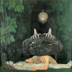 a painting of two people laying on the ground