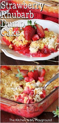 strawberry rhubarb dump cake in a casserole dish