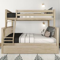 a wooden bunk bed sitting on top of a white rug in a bedroom next to a lamp