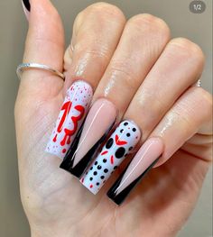 jason friday the 13th halloween nails  scary , halloween nails inspo Nails With My Boyfriend Name, Long Acrylic Nails Coffin Fall, Horror Movie Acrylic Nails, Red Rum Nails, Friday The 13th Nails Acrylic, Simple Halloween Nails Coffin, Horror Halloween Nails, Jason Halloween Nails, Saw Nails Halloween